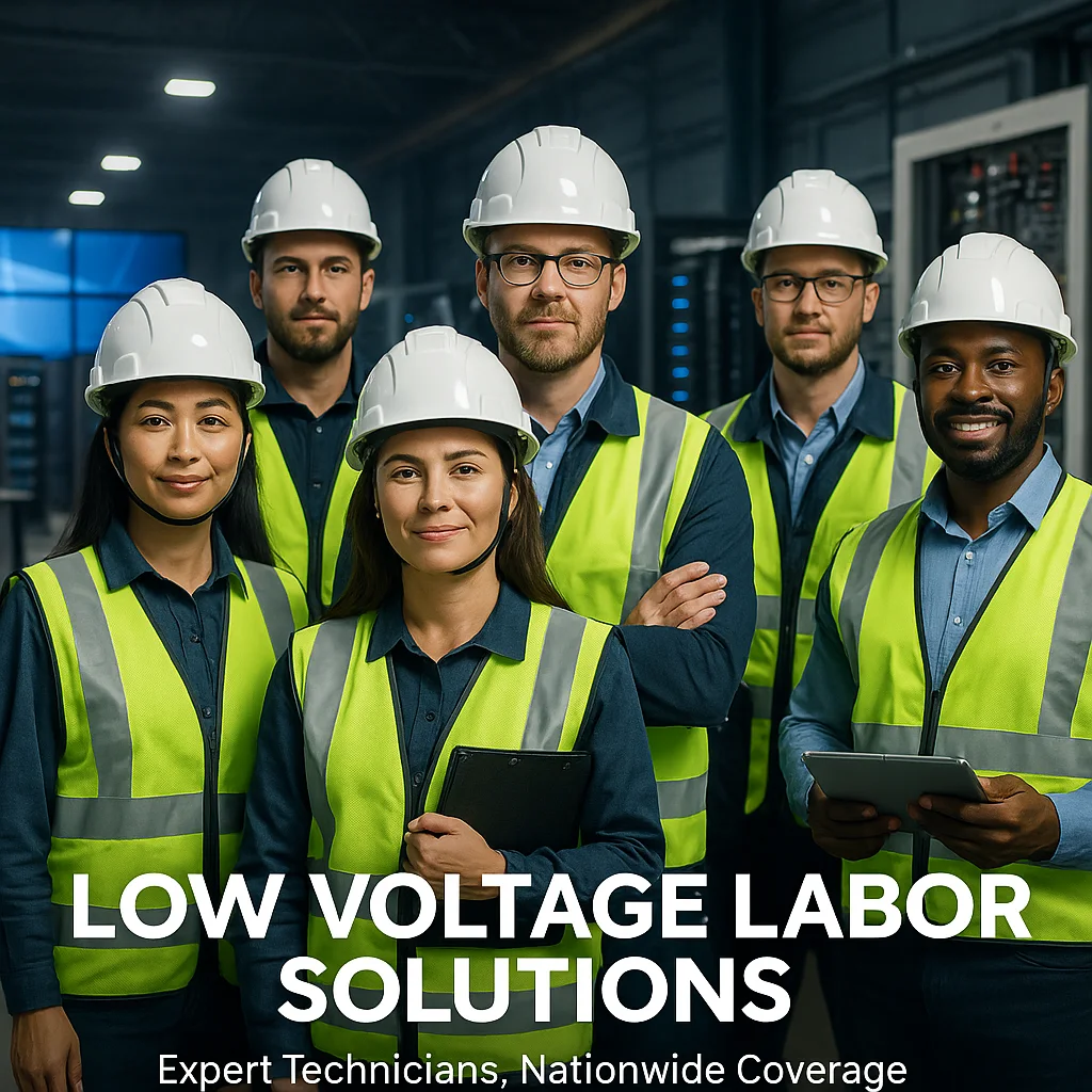 A group of low voltage technicians standing in a data center.