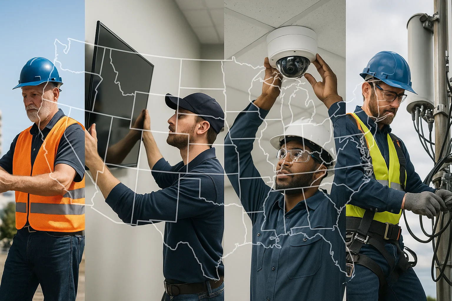 Technicians installing security cameras and TVs